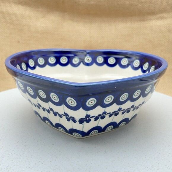 Boleslawiec Pottery Heart Shaped Bowl 6" Peacock Eye Flowers Dish Made in Poland - Picture 2 of 15